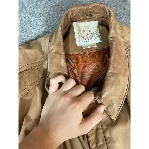 Vintage 80s 90s Venezia Leather Jacket Men 22x24 Brown Paisley Lined Streetwear